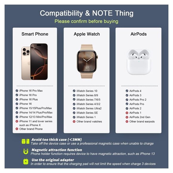 Wireless Charger 3 in 1 RTOPS Magnetic Travel Wireless Charging Station Black - Picture 2 of 4